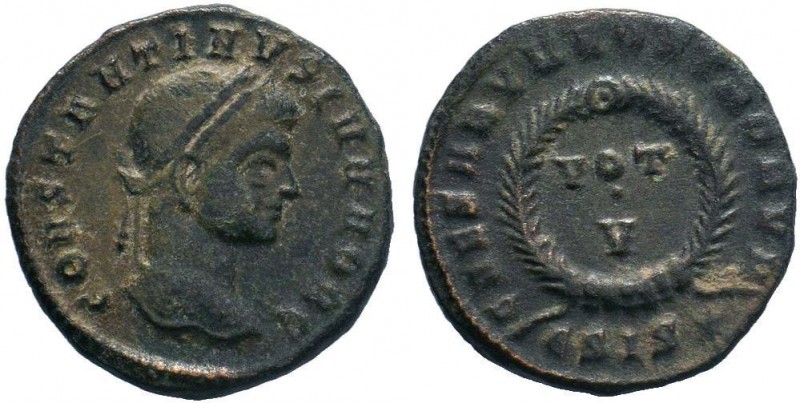 Constantine II Æ Follis. Siscia, AD 321-4. CONSTANTINVS IVN NOB C, laureate head...