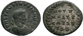 Constantine II. As Caesar, AD 316-337. Æ Follis (18mm, 3.06 g, 5h). Thessalonica mint, 2nd officina. Struck AD 318-319. Laureate and cuirassed bust ri...
