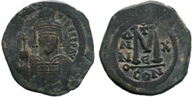BYZANTINE.Maurice Tiberius, 582-602 AD, AE Follis. Constantinople. DN TIbER mAVRC PP AVI or DN mAVRIC TIBER PP AVI, crowned, cuirassed bust facing, ho...