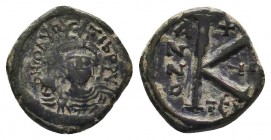 Maurice Tiberius. 582-602. Æ 1/2 Follis Thessalonica mint. Dated RY 20 (601/2). Helmeted facing bust, holding globus cruciger / Large K; date across f...