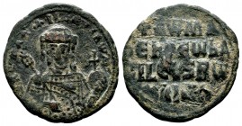 Constantine VII Porphyrogenitus, with Romanus I. 913-959. Æ Follis. Constantinople mint. Struck 931-944. Crowned and draped facing bust of Romanus, ho...