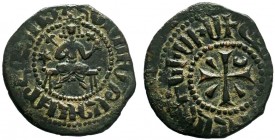 ARMENIA.Cilician Armenia.Hetoum I, Sis mint. Struck circa AD 1226-1270.AE Kardez. Hetoum seated facing on bench, holding lis-tipped sceptre and globus...