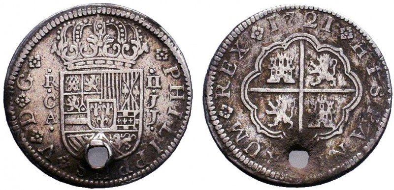 Spain, Fillipe V, AR 2 Reales, Cuenca 1721. PHILIPPUS V D G, Crowned shield of S...