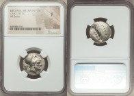 LUCANIA. Metapontum. Ca. 340-330 BC. AR stater (20mm, 5h). NGC Fine. Head of Leucippus right, wearing Corinthian helmet pushed back on head; bunch of ...