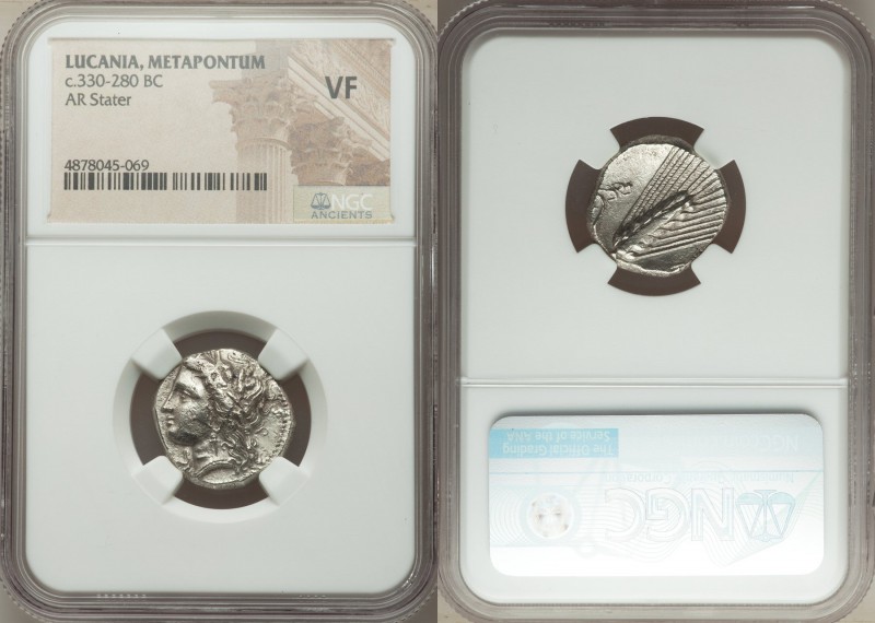 LUCANIA. Metapontum. Ca. 330-280 BC. AR stater (19mm, 8h). NGC VF. Ly-, magistra...