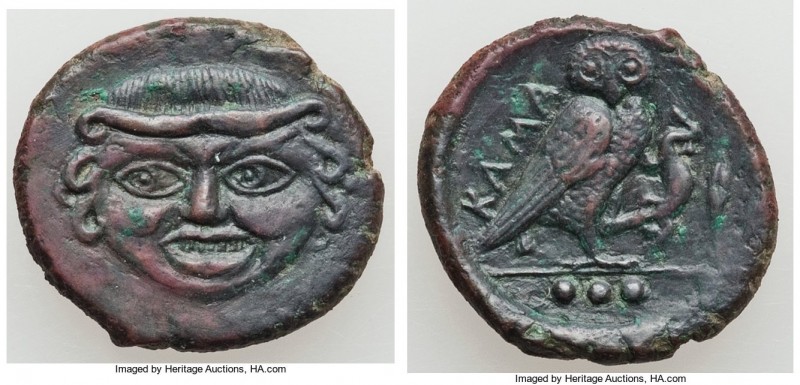 SICILY. Camarina. Ca. 420-405 BC. AE tetras or trias (18mm, 3.74 gm, 4h). XF, to...