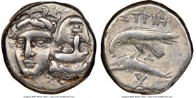 MOESIA. Istrus. Ca. 4th century BC. AR drachm (17mm, 2h). NGC VF. Two male heads facing, one inverted / IΣTPIH, eagle on dolphin left, Δ behind, XP mo...