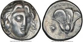 CARIAN ISLANDS. Rhodes. Ca. 305-275 BC. AR didrachm (18mm, 1h). NGC VF. Head of Helios facing, turned slightly right, hair parted in center and swept ...