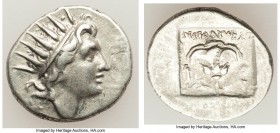 CARIAN ISLANDS. Rhodes. Ca. 88-84 BC. AR drachm (16mm, 2.67 gm, 12h). Choice XF. Plinthophoric standard, Nicagoras, magistrate. Radiate head of Helios...