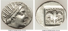 CARIAN ISLANDS. Rhodes. Ca. 88-84 BC. AR drachm (15mm, 2.42 gm, 12h). XF. Plinthophoric standard, Callixei(nos), magistrate. Radiate head of Helios ri...
