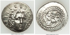 CARIAN ISLANDS. Rhodes. Ca. 84-30 BC. AR drachm (21mm, 4.30 gm, 6h). Choice AU, die-shift, scuff. Radiate head of Helios facing, turned slightly right...
