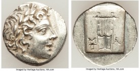LYCIAN LEAGUE. Masicytes. Ca. 48-20 BC. AR hemidrachm (15mm, 1.79 gm, 1h). AU. Series 1. Laureate head of Apollo right; Λ-Y below / M-A, cithara (lyre...