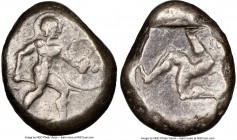 PAMPHYLIA. Aspendus. Ca. mid-5th century BC. AR stater (20mm, 3h). NGC VF. Helmeted nude hoplite warrior advancing right, shield in left hand, spear f...