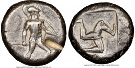 PAMPHYLIA. Aspendus. Ca. mid-5th century BC. AR stater (19mm). NGC VF, test cut. Ca. 465-430 BC. Helmeted nude hoplite advancing right, spear forward ...