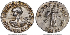 INDO-GREEK KINGDOMS. Bactria. Menander I Soter (ca. 165/55-130 BC). AR Indic drachm (17mm, 12h). NGC AU. Uncertain mint in the Paropamisadai or Gandha...