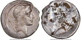 Q. Cassius Longinus (ca. 55 BC). AR denarius (18mm, 12h). NGC Fine, brockage, edge chips, scratches. Head of Bonus Eventus right, scepter over shoulde...