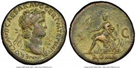 Nero (AD 54-68). AE sestertius (34mm, 6h). NGC VF. Rome, ca. AD 65. NERO CLAVD CAESAR AVG GER P M TR P IMP P P, laureate head of Nero right / Roma sea...