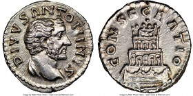 Divus Antoninus Pius (AD 138-161). AR denarius (18mm, 1h). NGC AU. Rome, AD 161. DIVVS ANTONINVS, bare head of Divus Antoninus Pius right / CONSECRATI...
