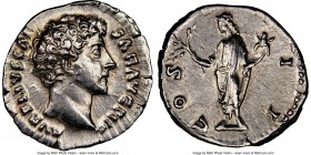Marcus Aurelius, as Caesar (AD 161-180). AR denarius (18mm, 12h). NGC AU, brushed. Rome, ca. AD 145-147. AVRELIVS CAES-AR AVG PII F, bare head of Marc...