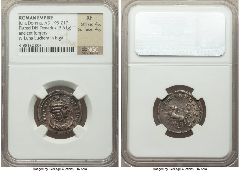 Julia Domna (AD 193-217). AR plated antoninianus (23mm, 3.61 gm, 1h) NGC XF 4/5 ...