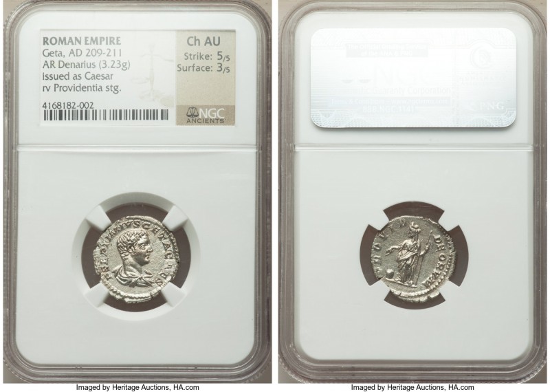 Geta (AD 198-209). AR denarius (19mm, 3.23 gm, 1h). NGC Choice AU 5/5 - 3/5. Rom...