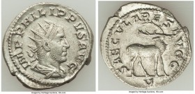 Philip I (AD 244-249). AR antoninianus (23mm, 4.16 gm, 12h). Choice XF. Rome, 5th officina, Millennium Issue, AD 248. IMP PHILIPPVS AVG, radiate, drap...