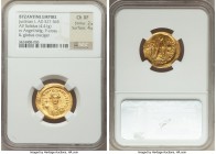 Justinian I the Great (AD 527-565). AV solidus (20mm, 4.41 gm, 6h). NGC Choice XF 2/5 - 4/5. Constantinople, 8th officina. D N IVSTINI-ANVS PP AVG, cu...