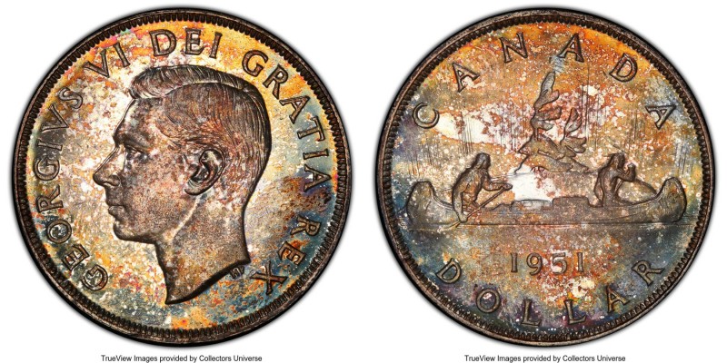 George VI Dollar 1951 MS65 PCGS, Royal Canadian mint, KM46. Mottled toning in lu...