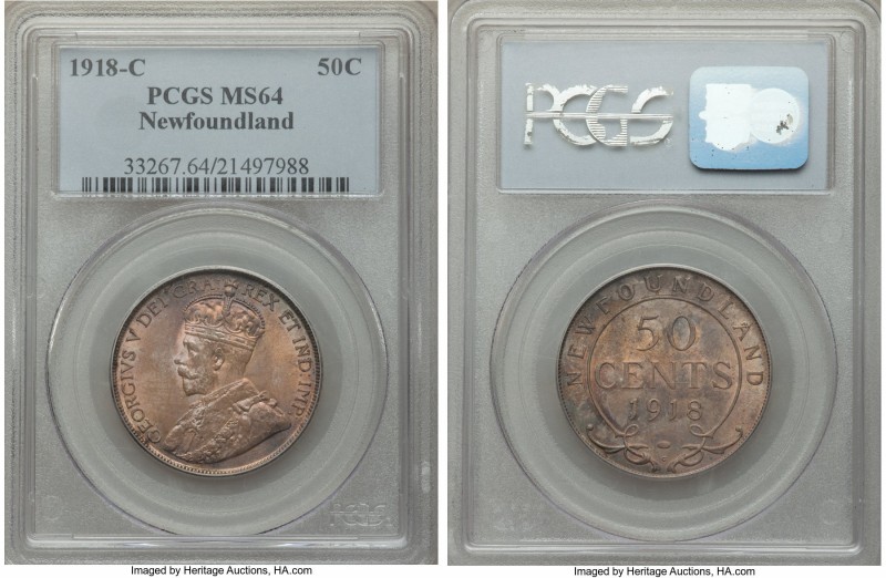 Newfoundland. George V 50 Cents 1918-C MS64 PCGS, Ottawa mint, KM12. Pastel peac...