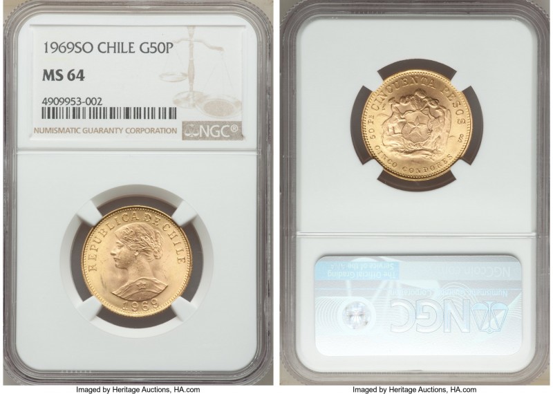 Republic gold 50 Pesos 1969-So MS64 NGC, Santiago mint, KM169. AGW 0.2943 oz. 
...