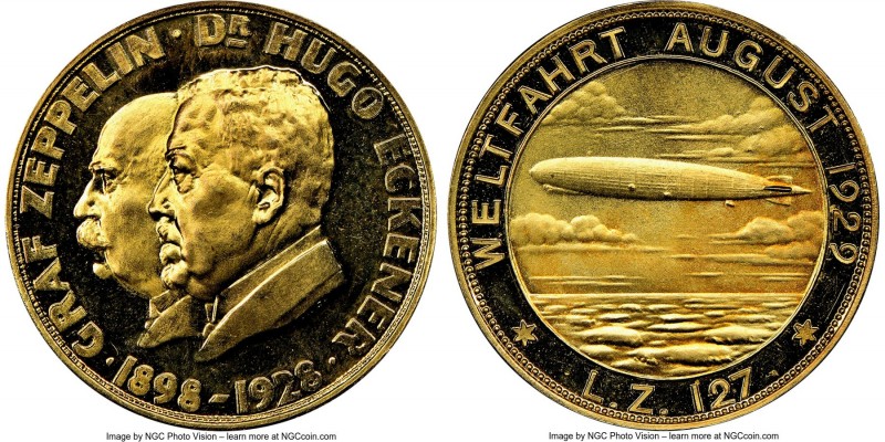 Weimar Republic gold Proof "Zeppelin World Tour" Medal 1929 PR68 Cameo NGC, Kais...