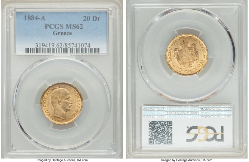 George I gold 20 Drachmai 1884-A MS62 PCGS, Paris mint, KM56. AGW 0.1867 oz. 
...