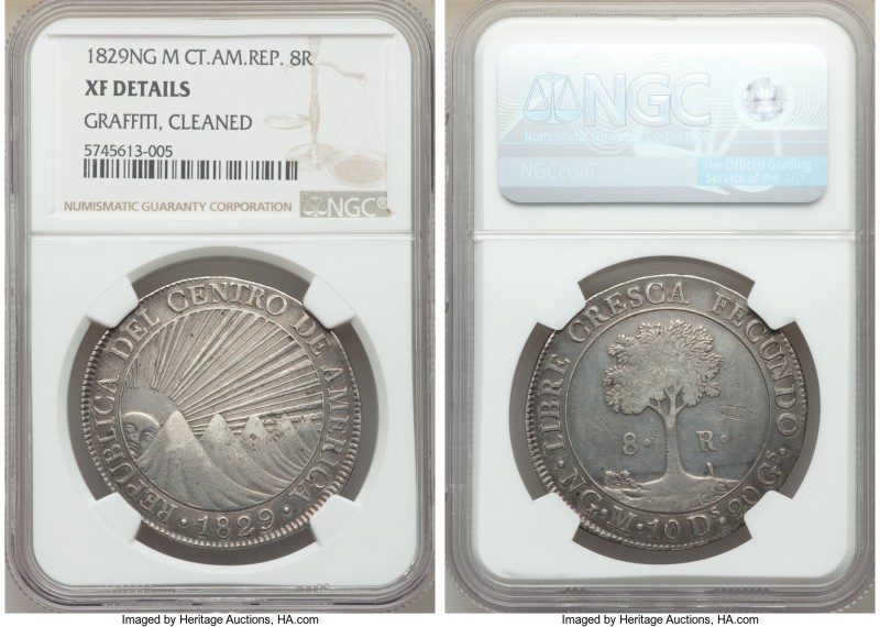 Central American Republic 8 Reales 1829 NG-M XF Details (Graffiti, Cleaned) NGC,...