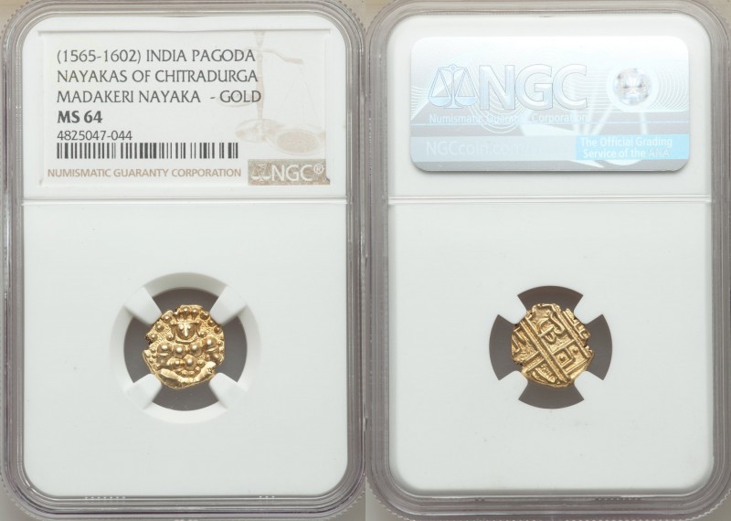 Nayakas of Chitradurga. Madakeri Nayaka gold Pagoda ND (1565-1602) MS64 NGC, Fr-...