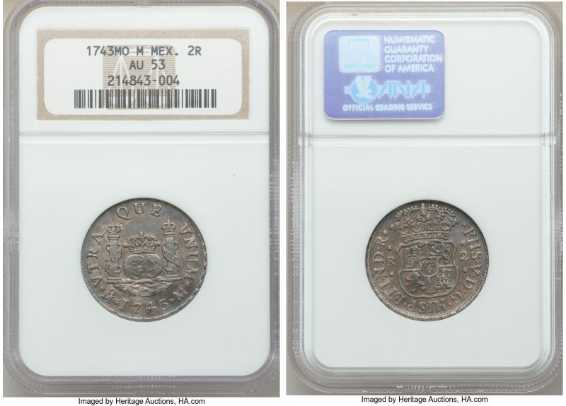 Philip V 2 Reales 1743 Mo-M AU53 NGC, Mexico City mint, KM85. Gunmetal blue-gray...