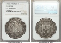 Charles III 8 Reales 1775 LM-MJ VF Details (Obverse Scratched) NGC, Lima mint, KM78. Includes tag from CNG Electronic Auctions. 

HID09801242017

...