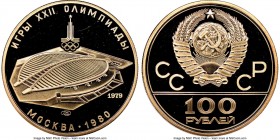 USSR gold Proof 100 Roubles 1979-(l) PR68 Ultra Cameo NGC, Leningrad mint, KM-Y173. Moscow Olympics - Velodrome building. AGW 0.500 oz. 

HID0980124...