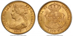 Isabel II gold 100 Reales 1862 MS63 PCGS, Seville mint, KM605.3. AGW 0.2412 oz. 

HID09801242017

© 2020 Heritage Auctions | All Rights Reserved
