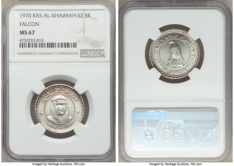 Ras al-Khaimah. Saqr Bin Muhammad al-Qasimi 2-1/2 Rials AH 1390 (1970) MS67 NGC,...