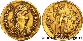 HONORIUS
Type : Solidus 
Date : 408-423 
Mint name / Town : Flaminie, Ravenne 
Metal : gold 
Millesimal fineness : 1000  ‰
Diameter : 20,5  mm
Orienta...