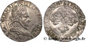 HENRY III
Type : Demi-franc au col plat 
Date : 1587 
Mint name / Town : Amiens 
Quantity minted : 297051 
Metal : silver 
Millesimal fineness : 833  ...