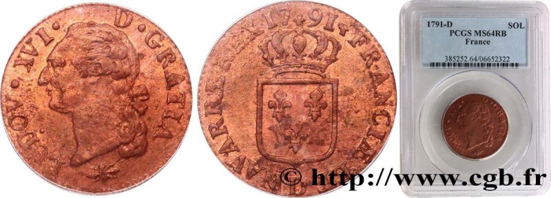 LOUIS XVI
Type : Sol dit "à l'écu" 
Date : 1791 
Mint name / Town : Lyon 
Quanti...