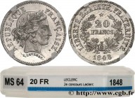 II REPUBLIC
Type : Concours de 20 francs, essai de Leclerc, deuxième concours 
Date : 1848 
Mint name / Town : Paris 
Metal : tin 
Diameter : 21  mm
O...