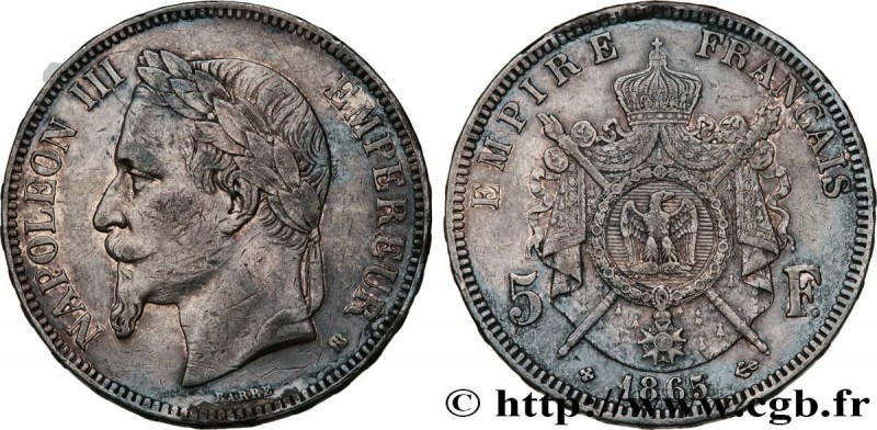 SECOND EMPIRE
Type : 5 francs Napoléon III, tête laurée 
Date : 1865 
Mint name ...