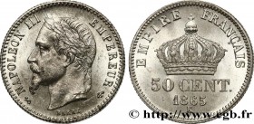 SECOND EMPIRE
Type : 50 centimes Napoléon III, tête laurée 
Date : 1865 
Mint name / Town : Bordeaux 
Quantity minted : 4900892 
Metal : silver 
Mille...