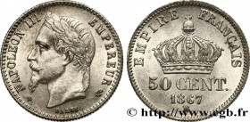 SECOND EMPIRE
Type : 50 centimes Napoléon III, tête laurée 
Date : 1867 
Mint name / Town : Strasbourg 
Quantity minted : 9.991.704 
Metal : silver 
M...
