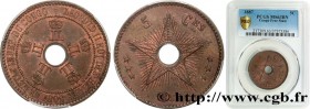 CONGO FREE STATE
Type : 5 Centimes Léopold II 
Date : 1887 
Quantity minted : 175000 
Metal : copper 
Diameter : 30  mm
Orientation dies : 12  h.
Weig...