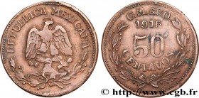 MEXICO
Type : 50 Centavos 
Date : 1915 
Quantity minted : - 
Metal : copper 
Diameter : 30  mm
Orientation dies : 6  h.
Weight : 11,21  g.
Edge : liss...
