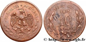 MEXICO
Type : 10 Centavos 
Date : 1915 
Quantity minted : - 
Metal : copper 
Diameter : 28  mm
Orientation dies : 6  h.
Weight : 7,86  g.
Edge : lisse...