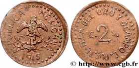 MEXICO
Type : 2 Centavos 
Date : 1915 
Quantity minted : - 
Metal : copper 
Diameter : 17,5  mm
Orientation dies : 6  h.
Weight : 2,34  g.
Edge : liss...
